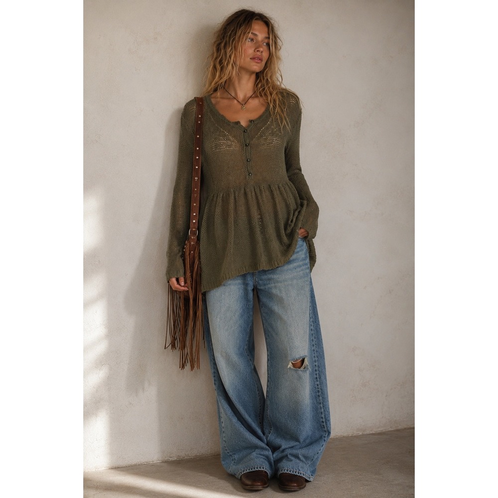 Energie Olive Green Open Knit Babydoll Henley Top S Boho Y2K Fairy Earthy Fall